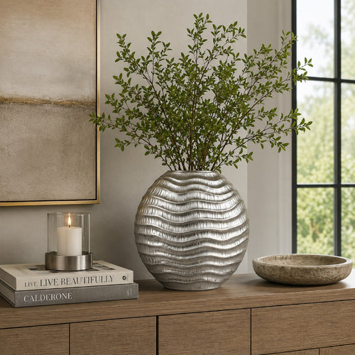 Tyler Round Vase with Textured Wave Pattern Design | Silver Ceramic 14"