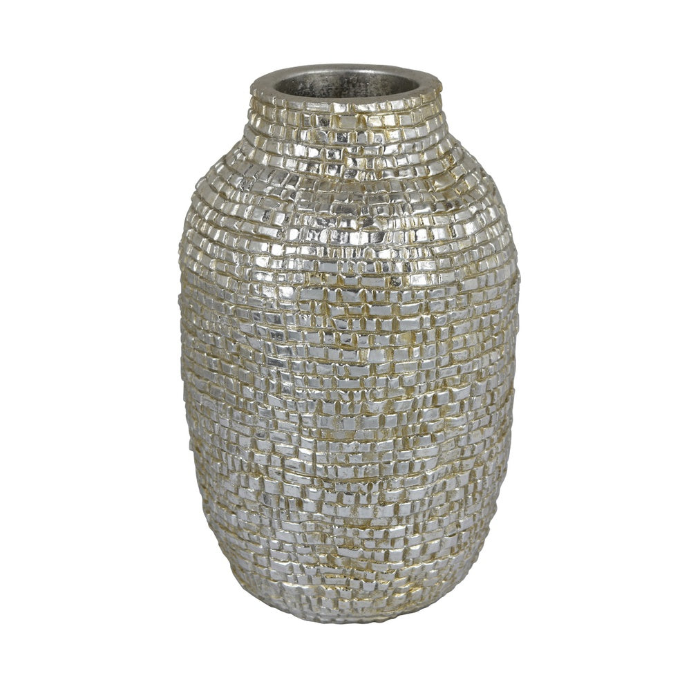 Jenna Decorative Vase with Brick-Like Patterns | Silver Textured Resin