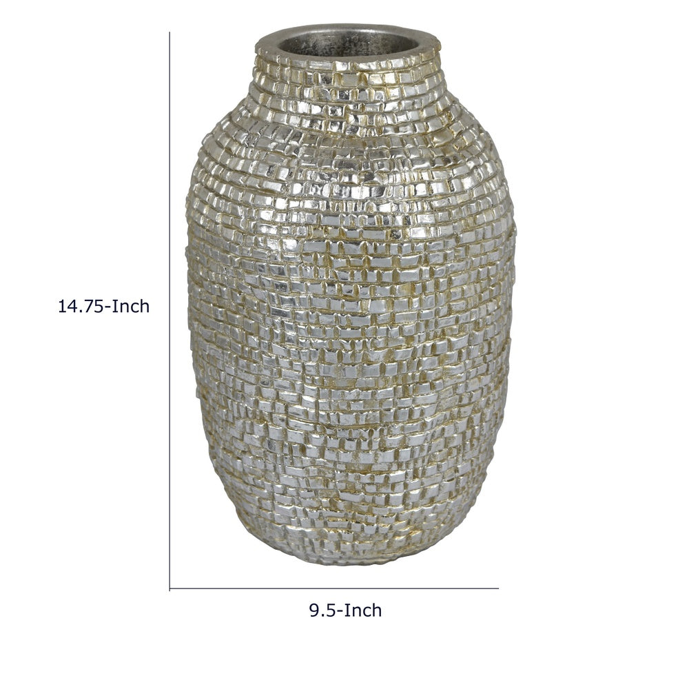 Jenna Decorative Vase with Brick-Like Patterns | Silver Textured Resin