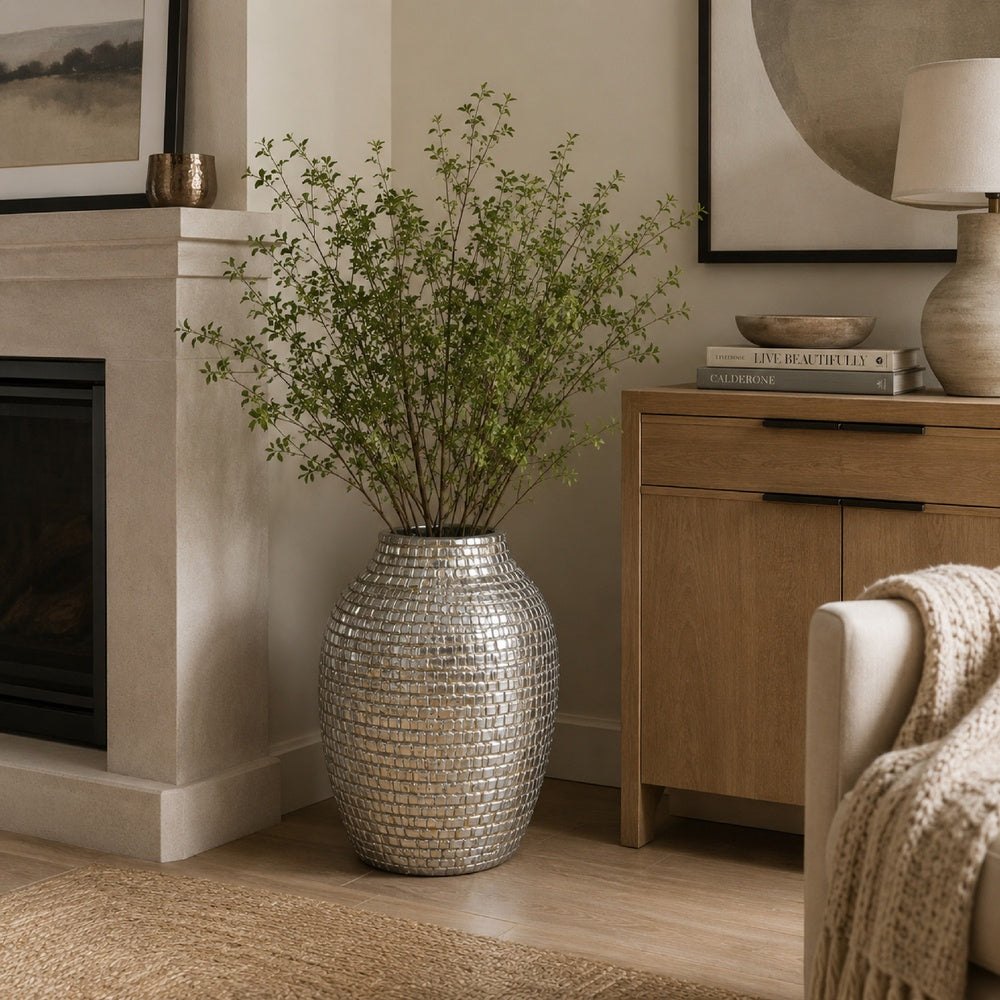 Jenna Decorative Vase with Brick-Like Patterns | Silver Textured Resin