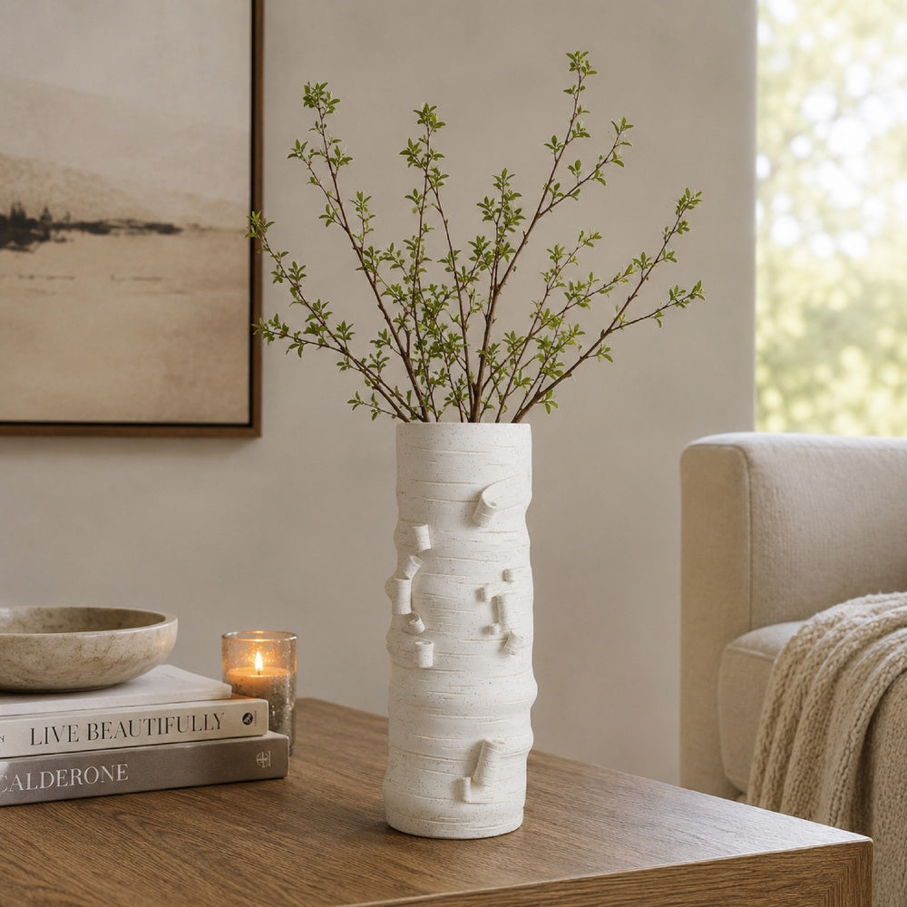 Moona Modern Vase with Sculpted Raised Details | White Textured Ceramic
