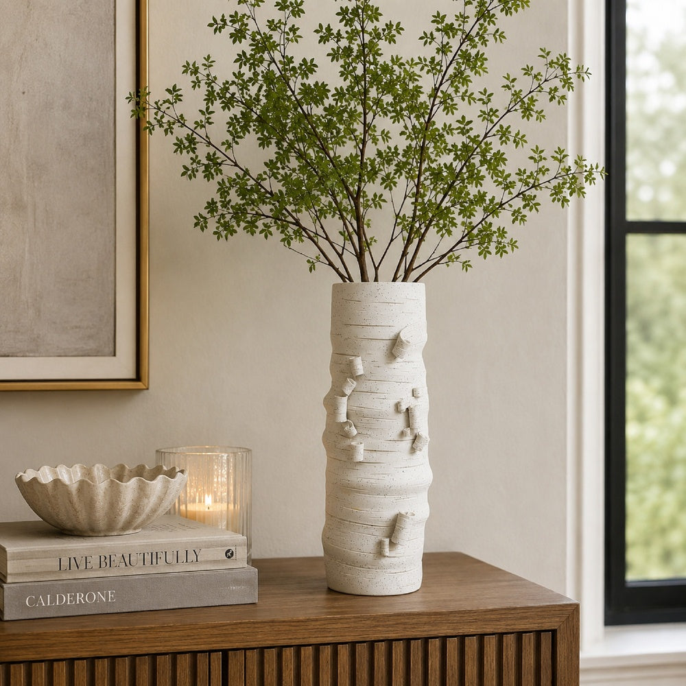 Moona Modern Vase with Sculpted Raised Details | White Textured Ceramic