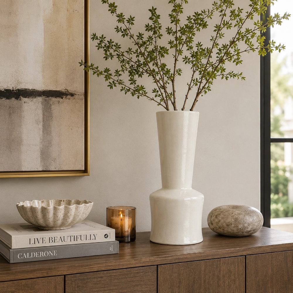 Ginny Decorative Vase with Slender Neck | Glossy White Ceramic 16"