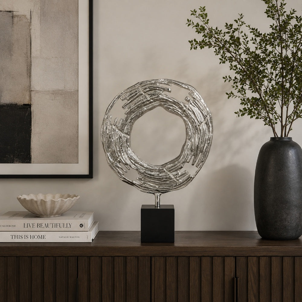 Steve Abstract Ring Sculpture with Black Pedestal St& | Textured Silver