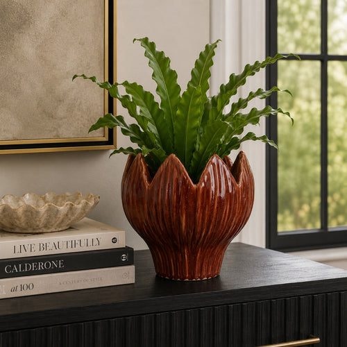 Siena Decorative Planter with Petal Edge Design | Red Ceramic 10"