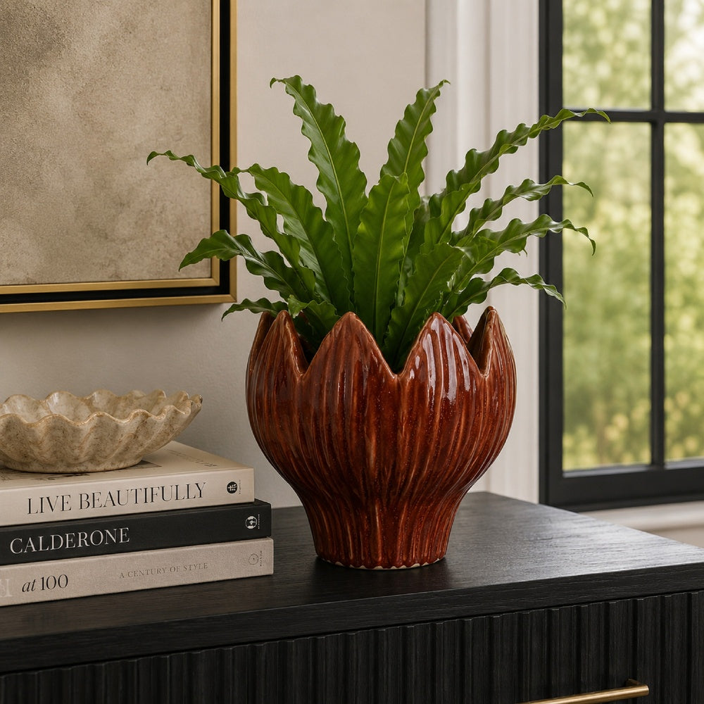 Siena Decorative Planter with Petal Edge Design | Red Ceramic 10"