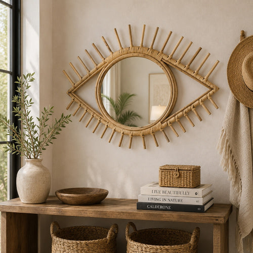 Greta Eye-Shaped Wall-Mounted Mirror | Sunburst Frame | Natural Fiber