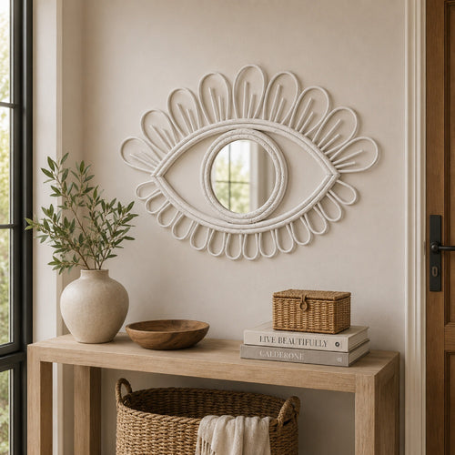 Davie Eye-Shaped Wall Mirror with Loop Details | White Natural Fiber