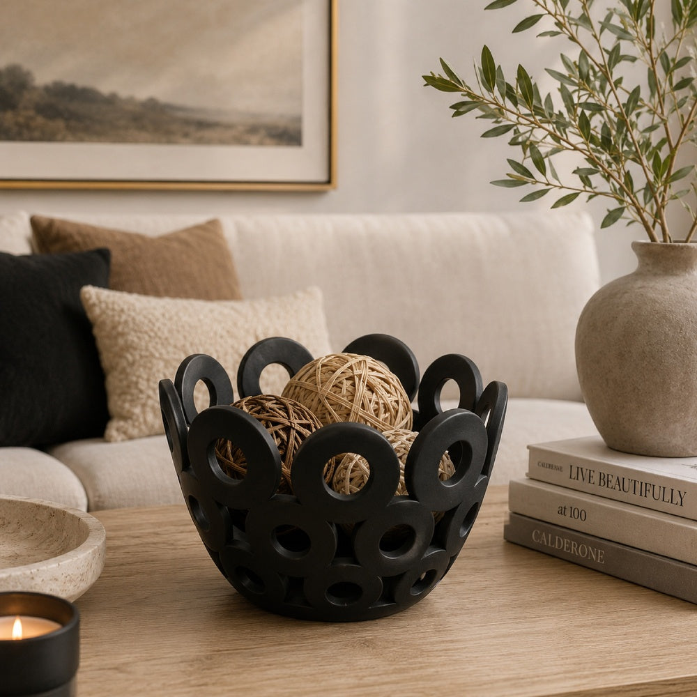 Laura Round Bowl with Circular Cutout Patterns | Black Ceramic 11"
