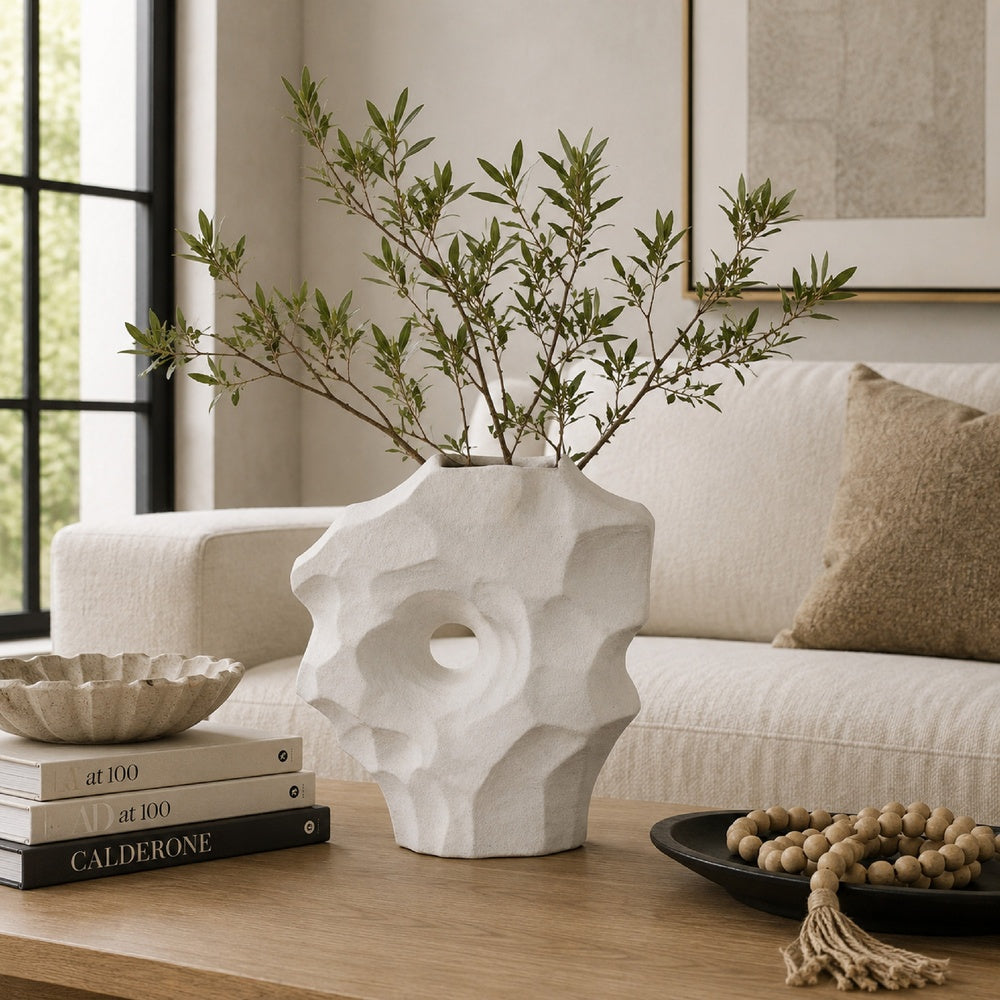 Joel Abstract Sculpted Vase with Textured Organic Form | White Ceramic 15"