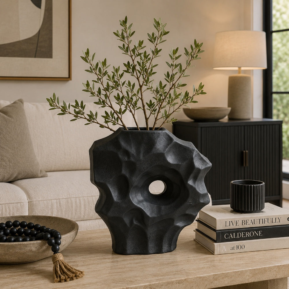Joel Abstract Sculpted Vase with Textured Organic Form | Black Ceramic 15"