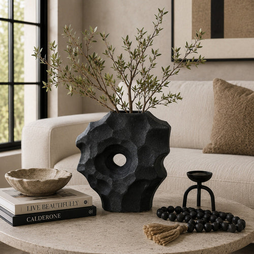 Joel Abstract Sculpted Vase with Textured Organic Form | Black Ceramic 15"