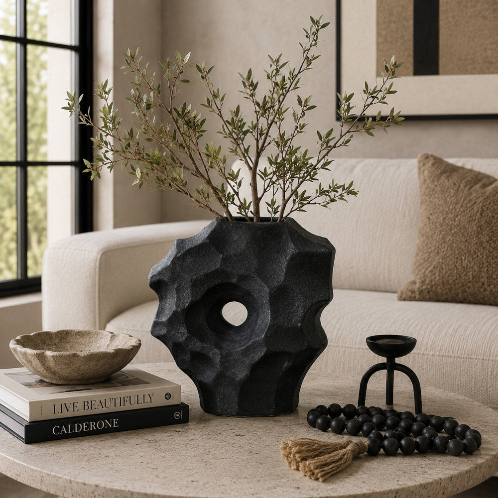 Joel Abstract Sculpted Vase with Textured Organic Form | Black Ceramic 15"
