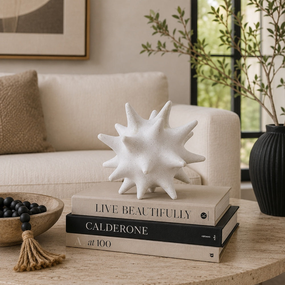 Xyla Decorative Orb with Spiked Starburst Patterns | White Resin 8"