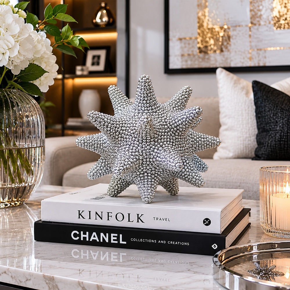 Noah Decorative Orb Sculpture with Spiked Details | Silver Resin 8"