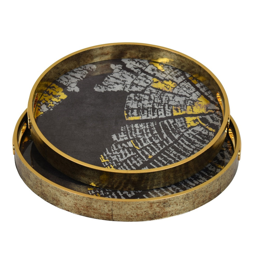 Archy Round Tray | Set of 2 | Abstract Patterns | Black-Gold Polyurethane