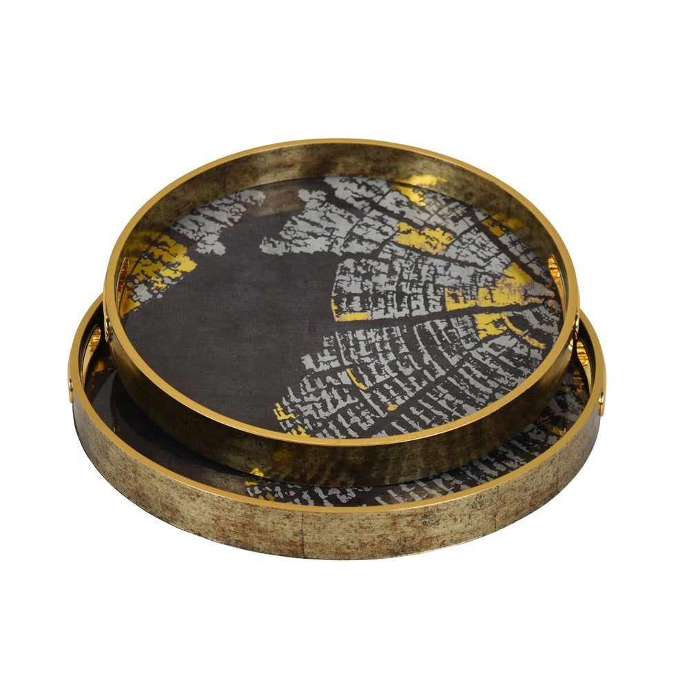 Archy Round Tray | Set of 2 | Abstract Patterns | Black-Gold Polyurethane
