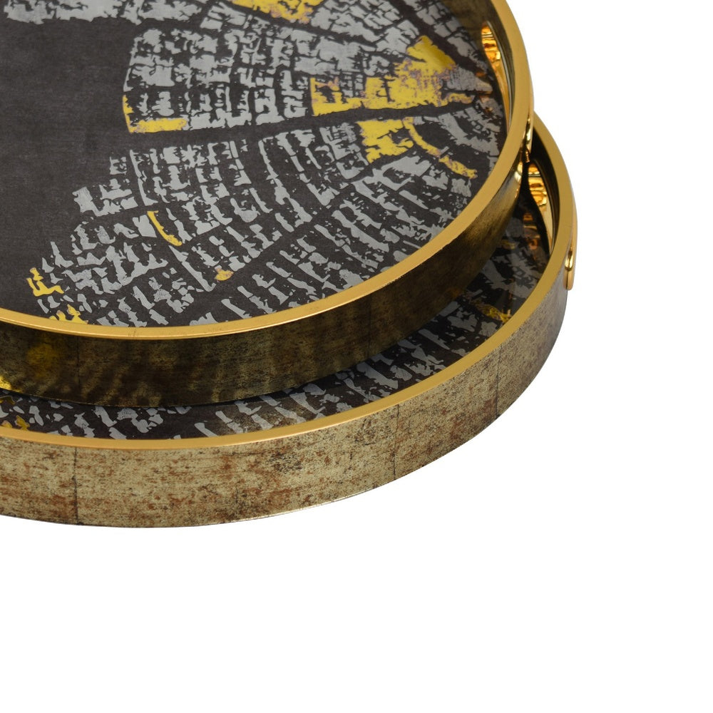 Archy Round Tray | Set of 2 | Abstract Patterns | Black-Gold Polyurethane