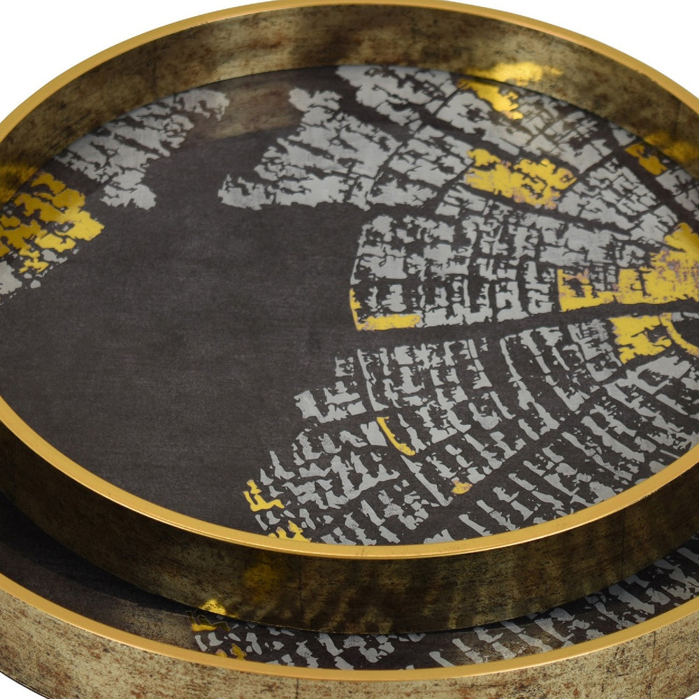 Archy Round Tray | Set of 2 | Abstract Patterns | Black-Gold Polyurethane