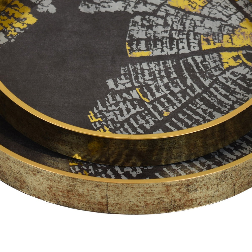 Archy Round Tray | Set of 2 | Abstract Patterns | Black-Gold Polyurethane