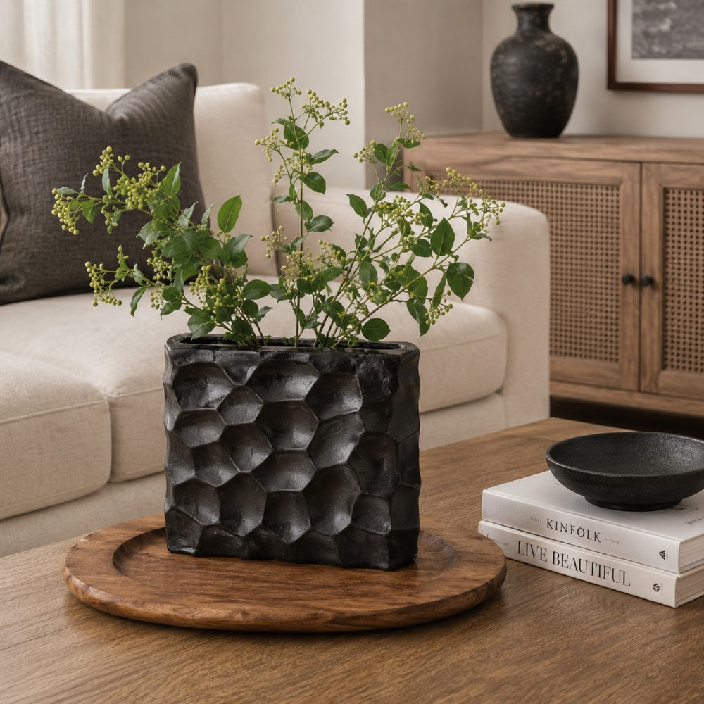 Posy Decorative Block Vase with Hammered Texture | Black Aluminum 12"