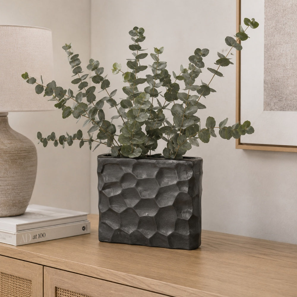 Posy Decorative Block Vase with Hammered Texture | Black Aluminum 12"