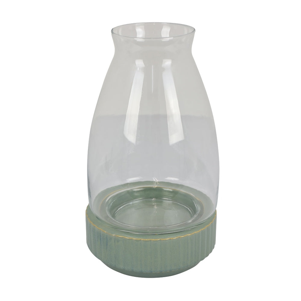 Ahna Modern Vase with Green Ribbed Ceramic Base | Clear Glass 16"