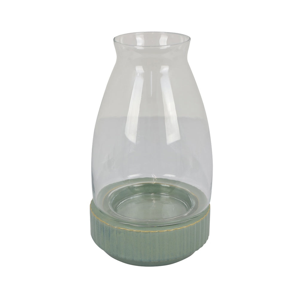 Ahna Modern Vase with Green Ribbed Ceramic Base | Clear Glass 16"