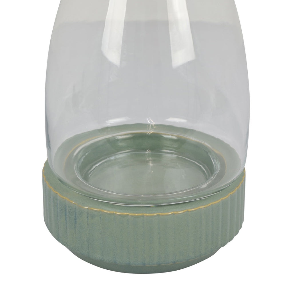 Ahna Modern Vase with Green Ribbed Ceramic Base | Clear Glass 16"
