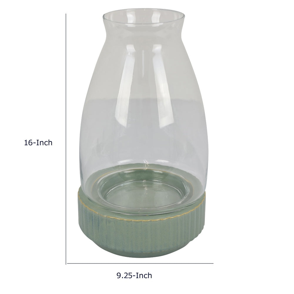 Ahna Modern Vase with Green Ribbed Ceramic Base | Clear Glass 16"