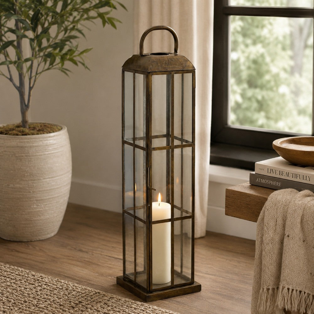 Esha 20" Tall Lantern with H&le | Clear Glass Panels | Bronze Metal