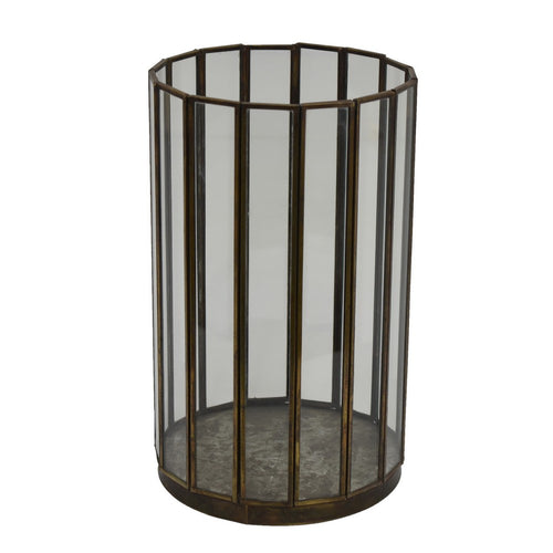 Bonie 10" Glass Hurricane C&le Holder with Paneled Frame | Bronze Metal