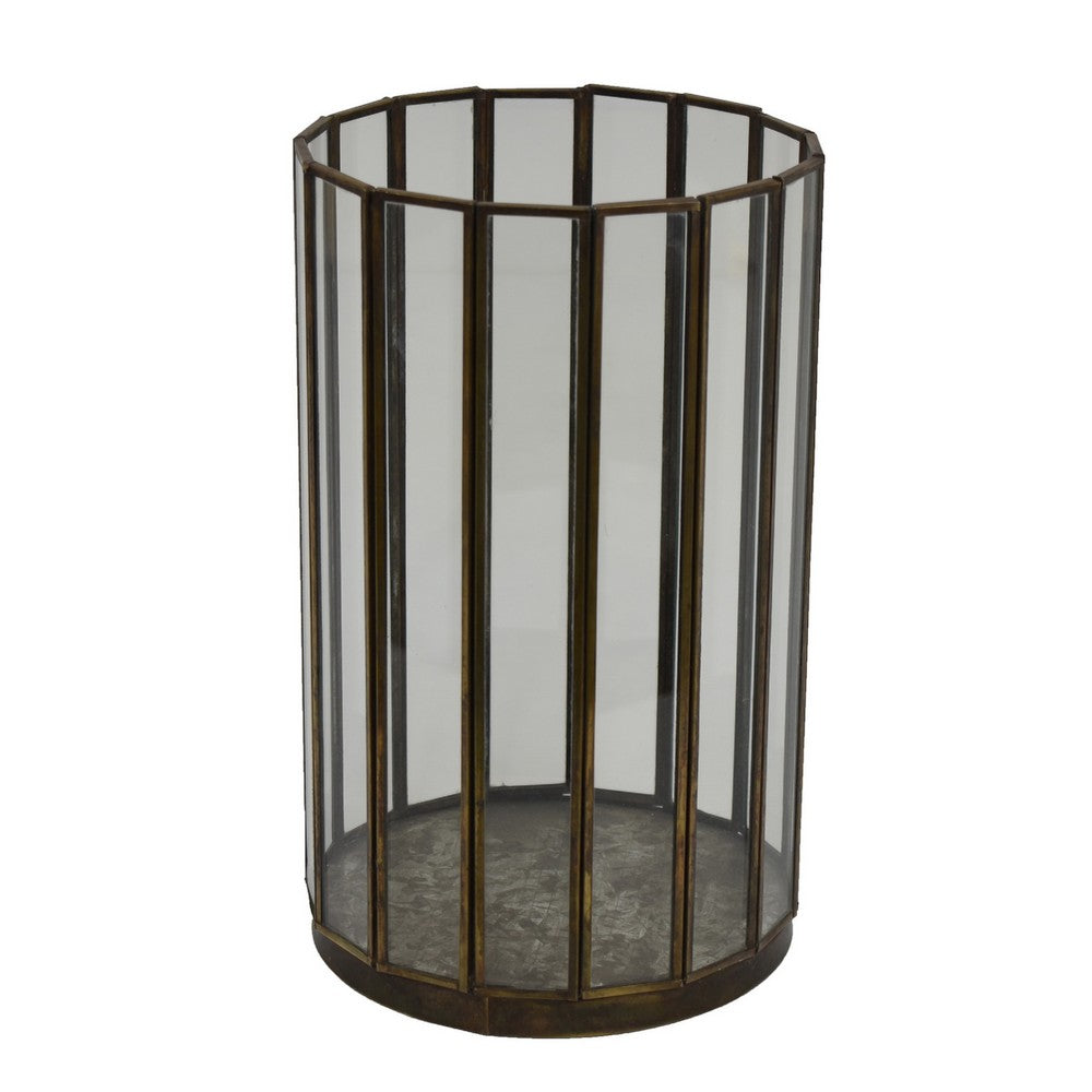 Bonie 10" Glass Hurricane C&le Holder with Paneled Frame | Bronze Metal