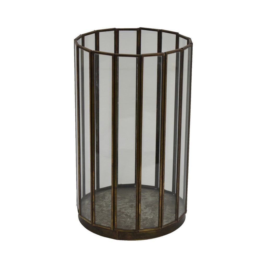 Bonie 10" Glass Hurricane C&le Holder with Paneled Frame | Bronze Metal