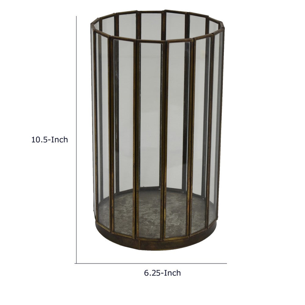Bonie 10" Glass Hurricane C&le Holder with Paneled Frame | Bronze Metal