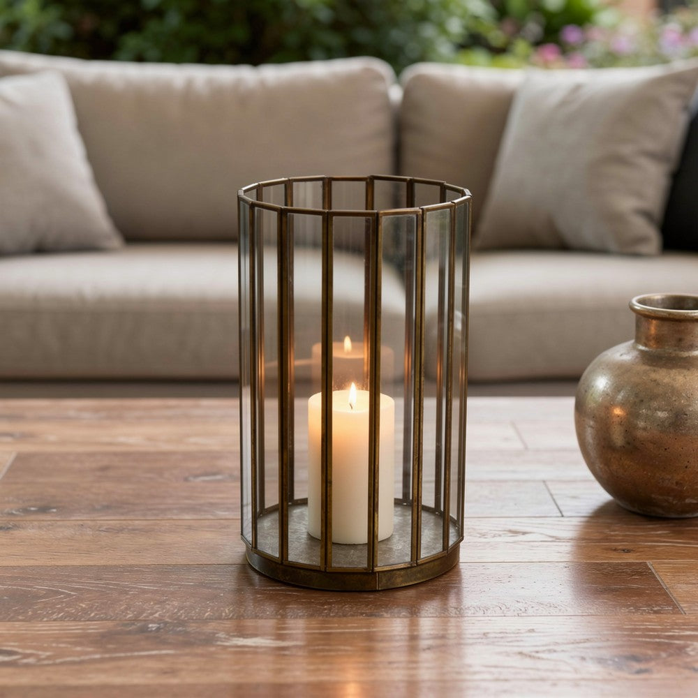 Bonie 10" Glass Hurricane C&le Holder with Paneled Frame | Bronze Metal