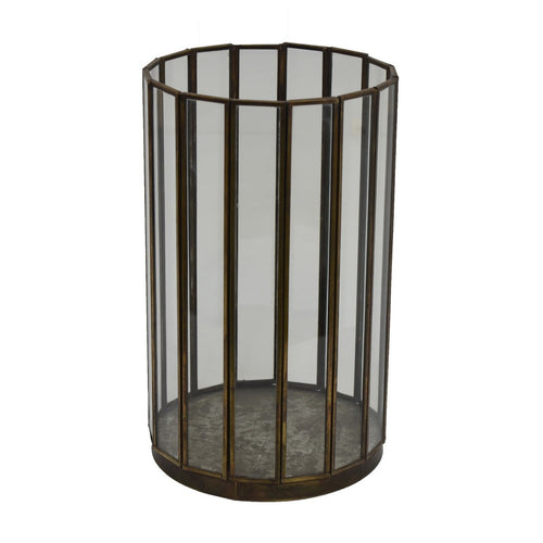 Bonie 7" Glass Hurricane C&le Holder with Paneled Frame | Bronze Metal