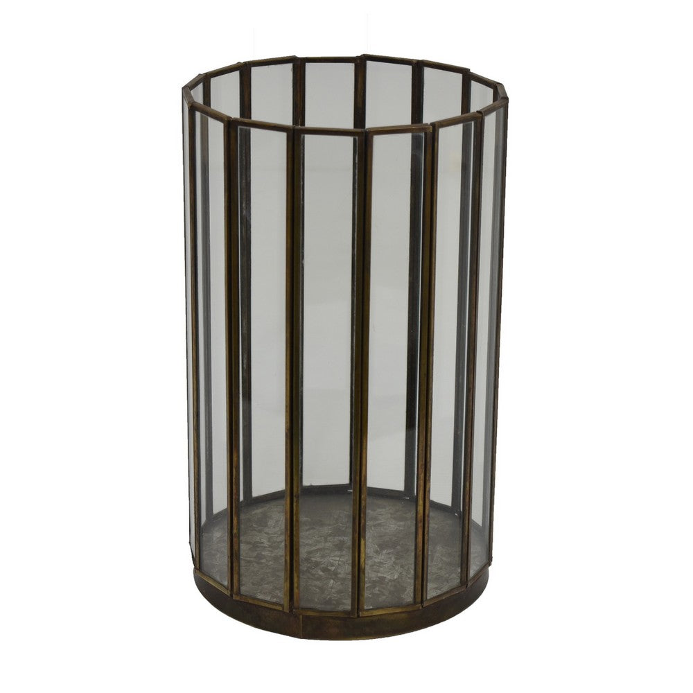 Bonie 7" Glass Hurricane C&le Holder with Paneled Frame | Bronze Metal