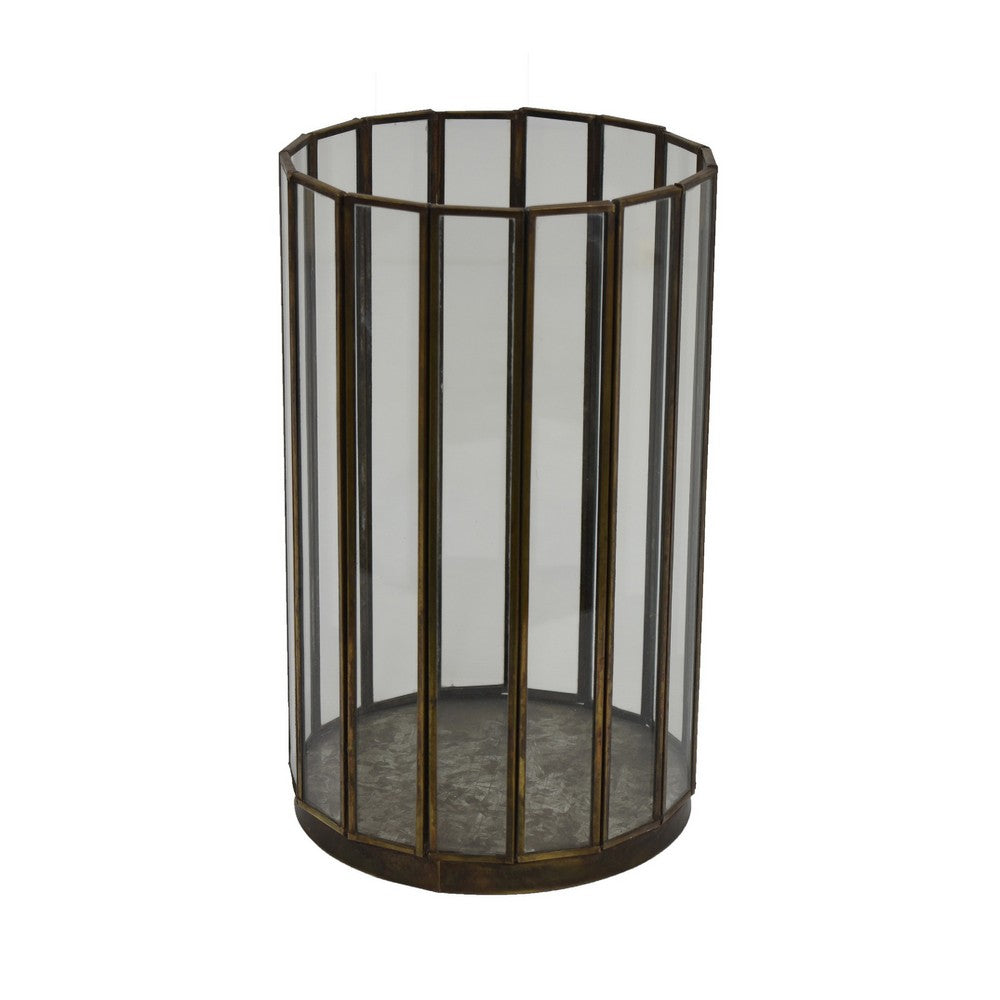Bonie 7" Glass Hurricane C&le Holder with Paneled Frame | Bronze Metal