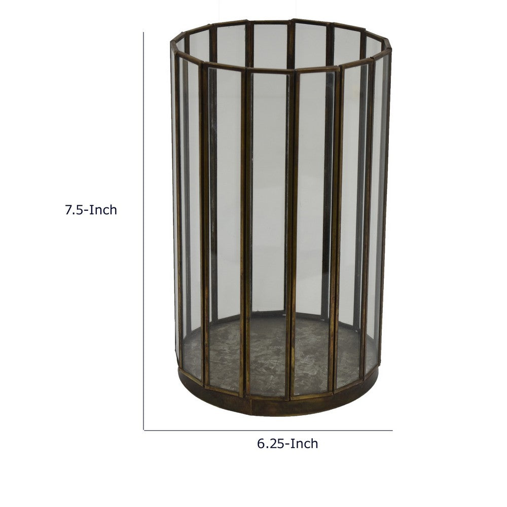 Bonie 7" Glass Hurricane C&le Holder with Paneled Frame | Bronze Metal