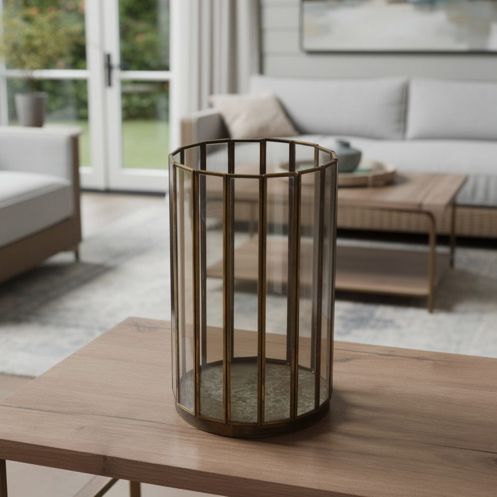 Bonie 7" Glass Hurricane C&le Holder with Paneled Frame | Bronze Metal
