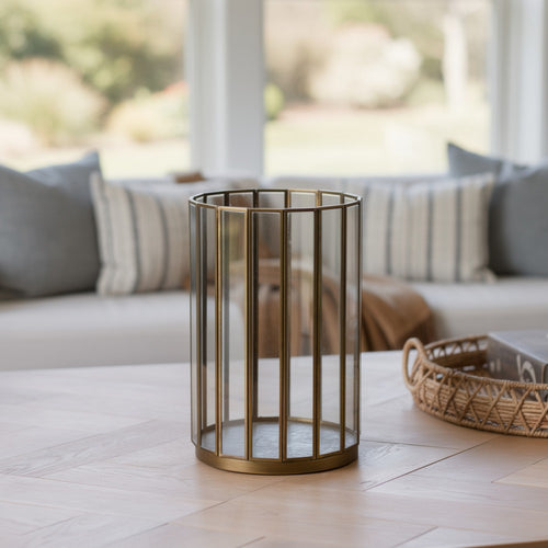 Bonie 7" Glass Hurricane C&le Holder with Paneled Frame | Bronze Metal