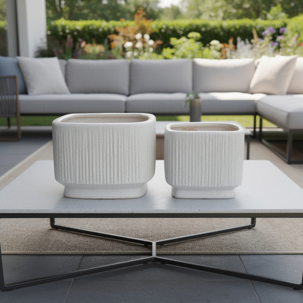 Jerry Planter with Ribbed Texture | Set of 2 | White Speckled Ceramic