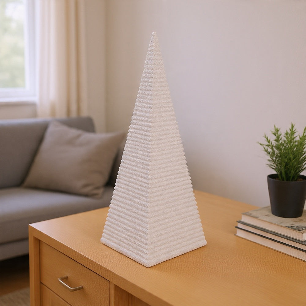 Fuji Decorative Pyramid Sculpture with Layered Ridges | White Resin
