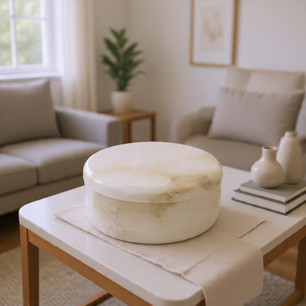 Fiona Decorative Round Storage Box with Lid | White-Brown Marble 6"