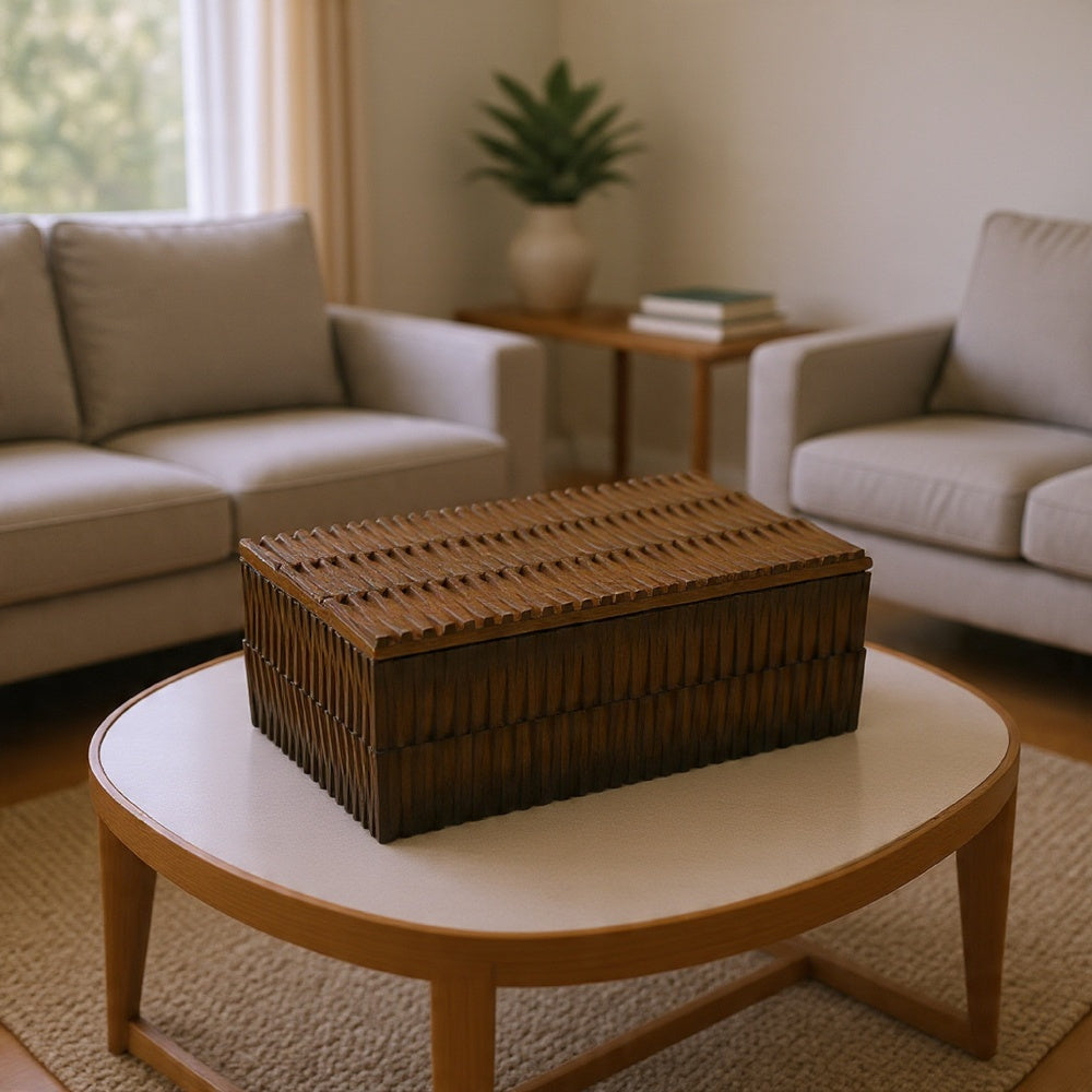 Suzie Decorative Storage Box with Textured Lid | Brown Ribbed Resin