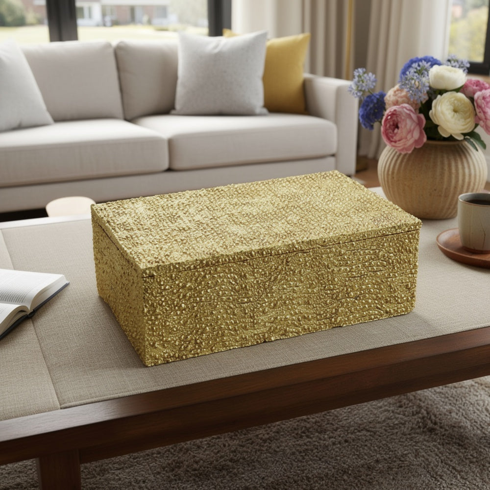 Suzie Decorative Box with Lid & Storage | Gold Textured Resin 12"