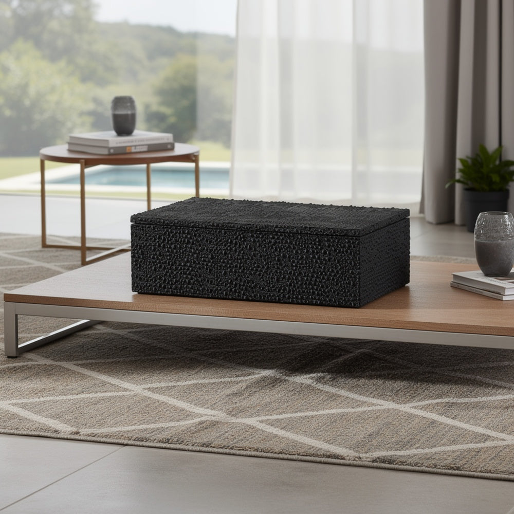 Suzie Decorative Box | Lid & Storage | Textured Black Resin 12"