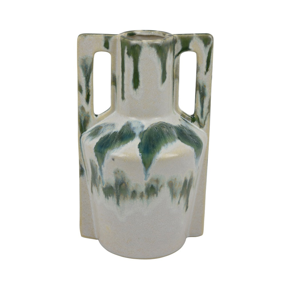 Zyma Modern Vase with Dual H&le | Green Drip Glaze | White Ceramic
