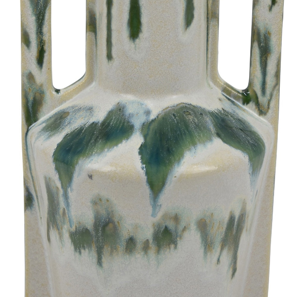 Zyma Modern Vase with Dual H&le | Green Drip Glaze | White Ceramic